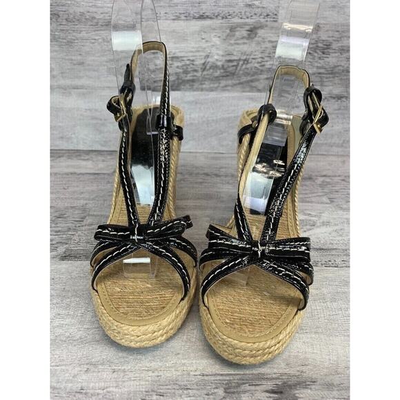 Midas Womens Size 6M Black Patent Leather Strap Espadrille Wedge Sandals - Picture 2 of 8